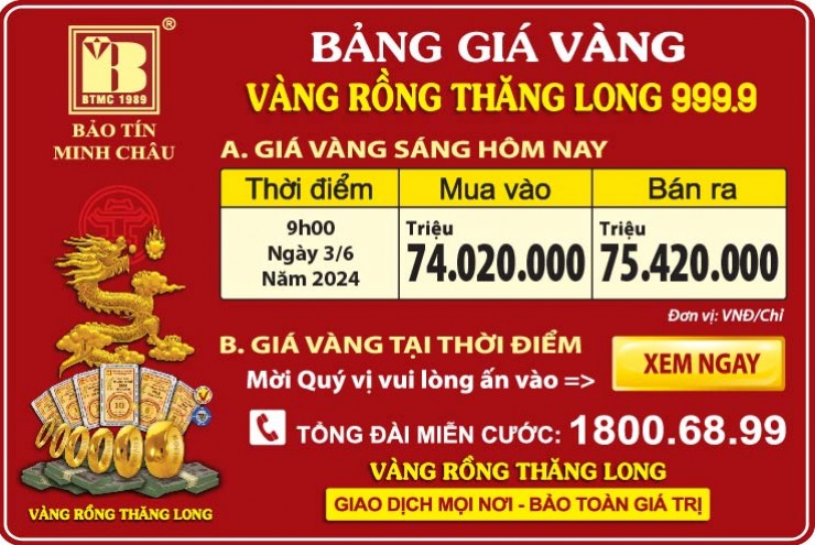 Giá Vàng Rồng Thăng Long- Bảo Tín Minh Châu ngày 03.06.2024