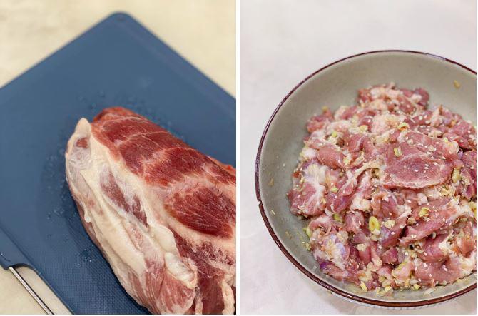 Điều quan trọng đầu tiên để làm món thịt nướng thơm ngon, mềm ngọt là phải chọn được phần thịt heo tươi, có đan xen cả nạc cả mỡ để thịt không bị khô. (Ảnh: NVCC)