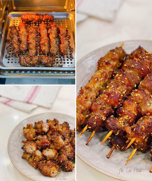 Phần thịt xiên nướng sau khi chín được cho ra đĩa để thưởng thức. Màu thịt chín đều có màu nâu đẹp mắt và mùi vị thơm ngon khó cưỡng. (Ảnh: NVCC)