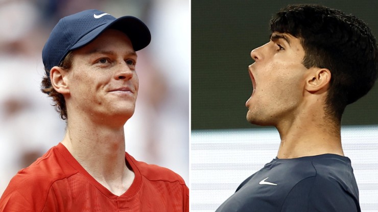 Khi Djokovic rút lui vì chấn thương, trận đấu giữa Sinner (áo cam) gặp Alcaraz (áo đen) tại bán kết được ví như chung kết sớm của Roland Garros 2024