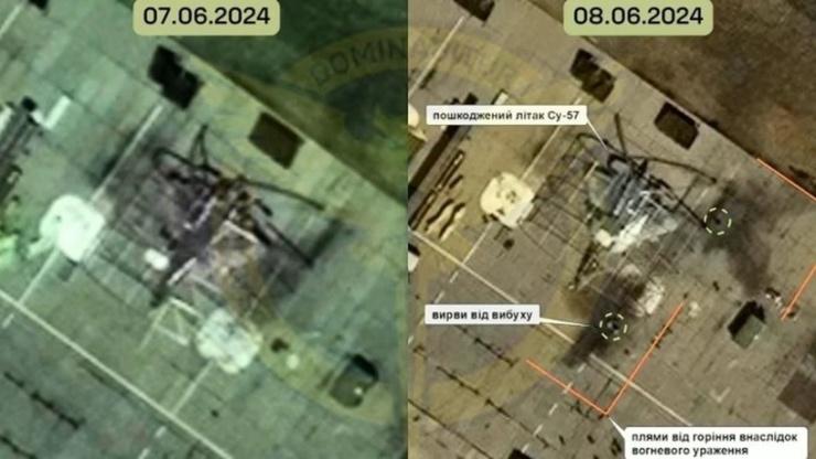 Ảnh vệ tinh cho thấy khu vực đồn trú của Su-57 tại căn cứ không quân Akhtubinsk của Nga trước và sau vụ tập kích ngày 8/6 của Ukraine. Ảnh: DIU