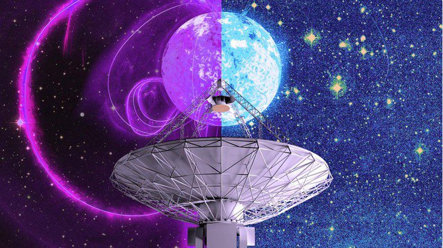 Ảnh đồ họa thể hiện một đĩa quan sát từ hệ thống ASKAP của CISRO và hai dạng vật thể mà nó theo đuổi là sao neutron và sao lùn trắng - Ảnh đồ họa: Carl Knox/OzGrav