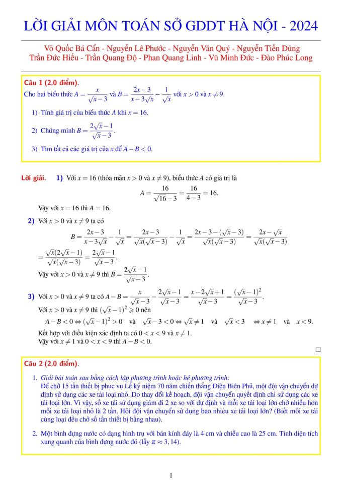 Lời giải đề thi Toán lớp 10 ở Hà Nội năm 2024 - 1