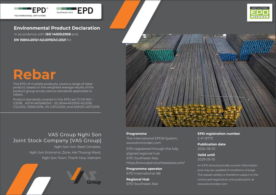 Tập Đoàn VAS tự hào là một trong hai nhà máy sản xuất thép tại Việt Nam được EPD chứng nhận mức phát thải CO2 thấp nhất hiện nay