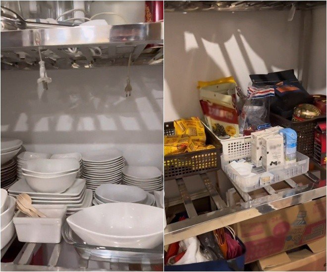 Phía bên trong là nơi gia đình anh để
bát đĩa, các dụng cụ cần thiết trong nhà và một số đồ ăn khô. Khẩu
hiệu trước cửa với ý nghĩa dí dỏm: Nếu muốn ăn thì tìm cách, còn
không muốn thì tìm lý do.