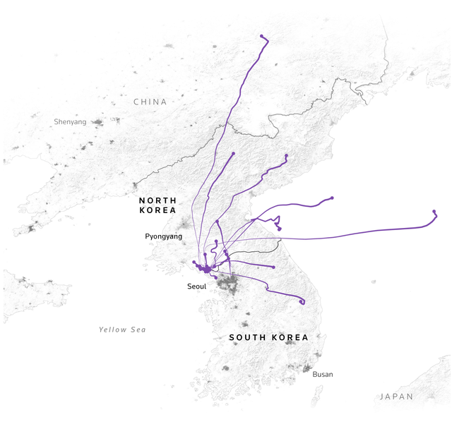 Các hướng bay khả dĩ của bóng bay. Các nhà hoạt động Hàn Quốc theo dõi bóng bằng GPS. Ảnh: Reuters