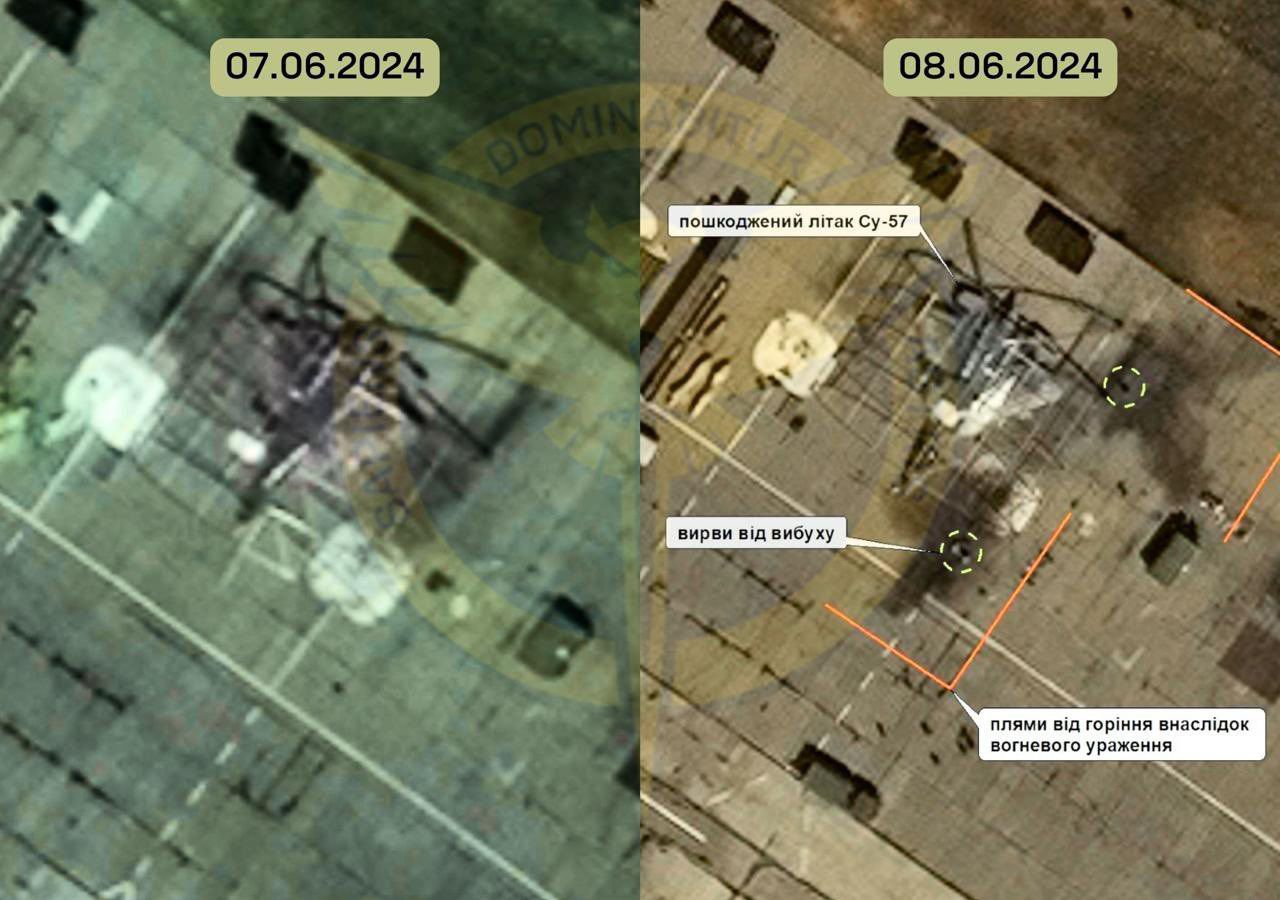 Ảnh vệ tinh cho thấy hình ảnh trước và sau khi tiêm kích Su-57 của Nga bị tấn công ở sân bay Akhtubinsk.&nbsp;&nbsp;