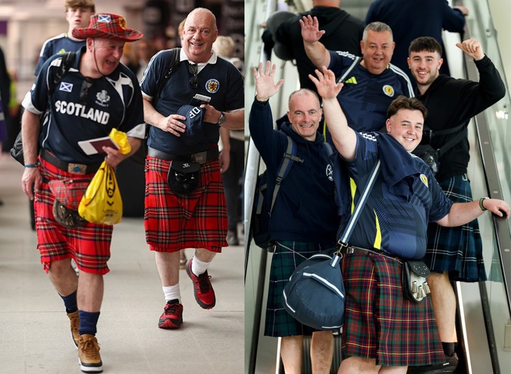 Cổ động viên Scotland mặc trang phục truyền thống là những chiếc váy kẻ để tới Đức cổ vũ cho đội bóng của mình