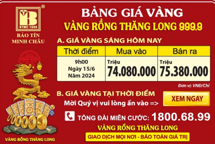 Giá Vàng Rồng Thăng Long- Bảo Tín Minh Châu ngày 15.06.2024
