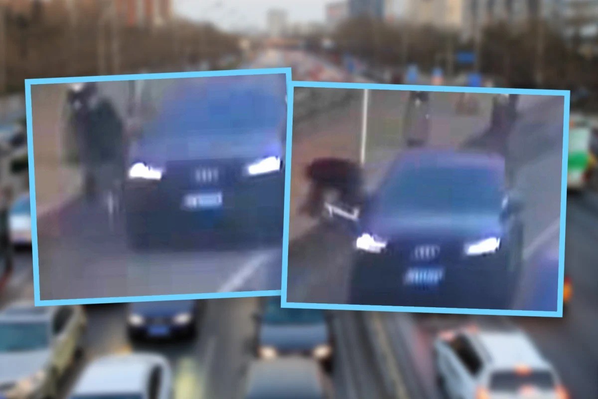 Hình ảnh từ camera an ninh cho thấy Zhang đi xe đạp và cố tình ngã gần xe ô tô để “ăn vạ” (ảnh: SCMP)
