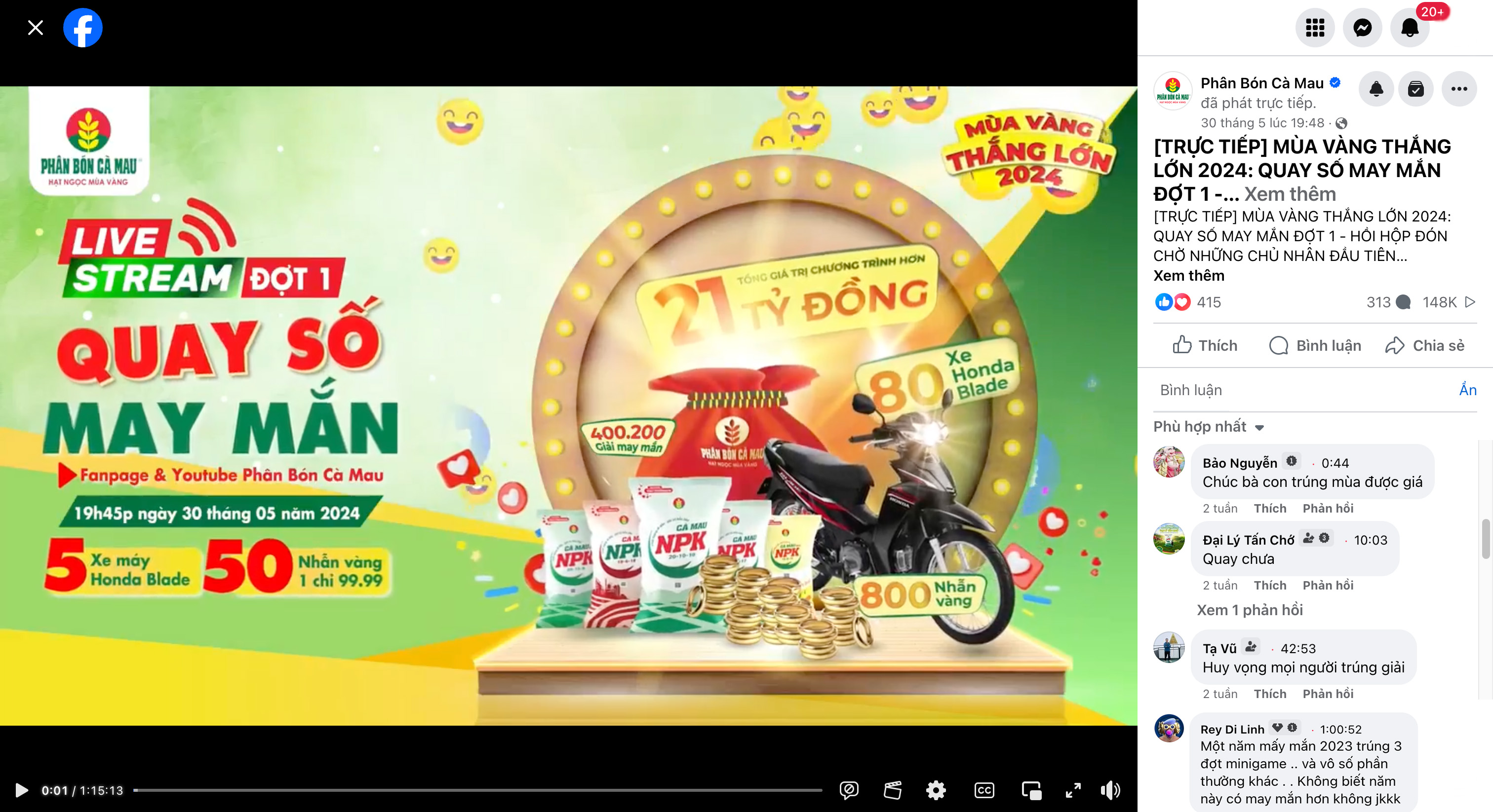 Livestream Mùa Vàng Thắng Lớn được phát định kỳ ngày 15 và/hoặc 30 hàng tháng trên fanpage & youtube Phân Bón Cà Mau