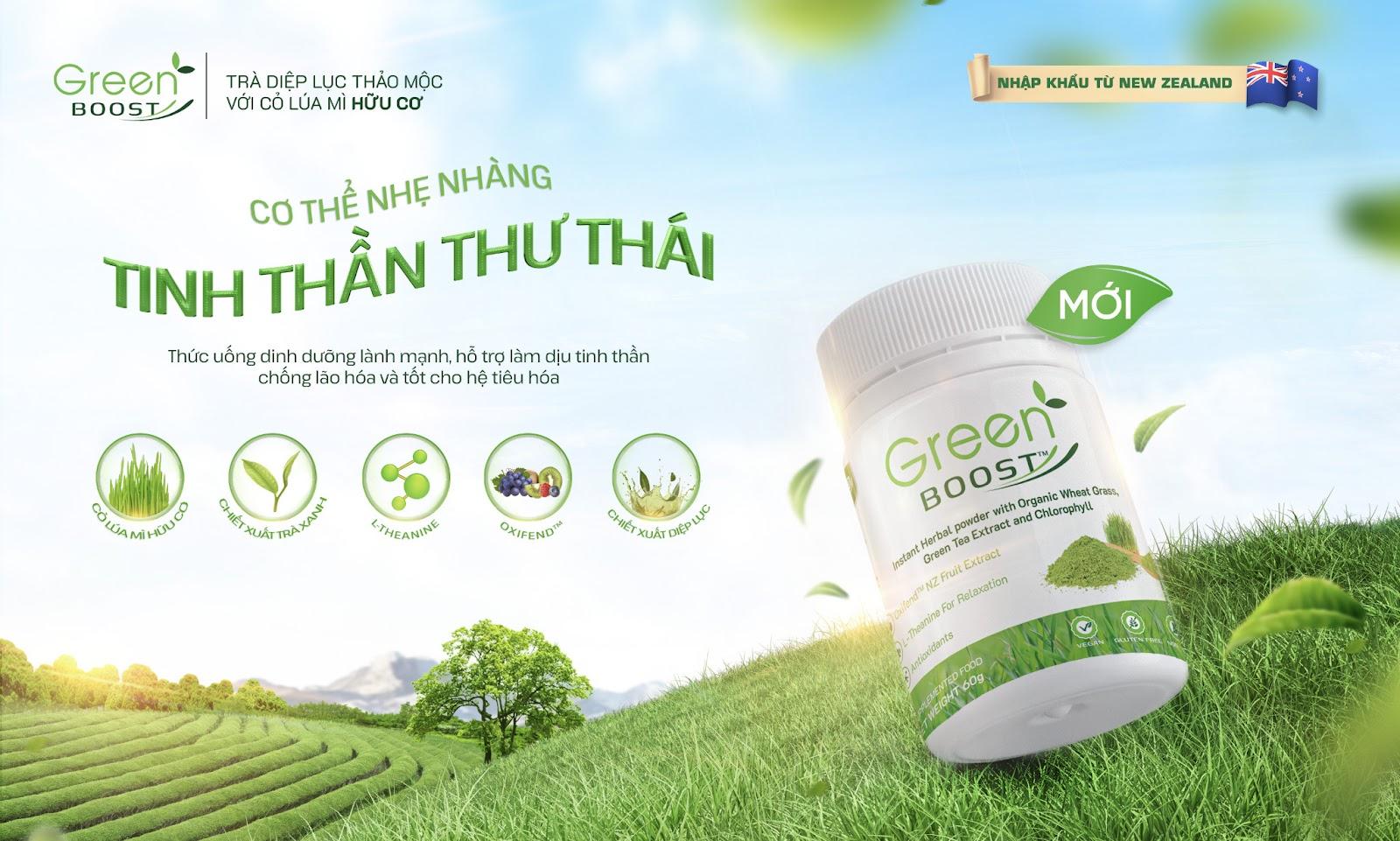 Trà Diệp Lục Thảo Mộc Greenboost với thành phần cỏ lúa mì hữu cơ