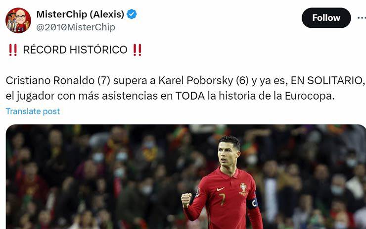 Cristiano Ronaldo (7 kiến tạo) đã vượt qua Karel Poborsky (6) và giờ trở thành người độc chiếm kỷ lục kiến tạo nhiều nhất trong lịch sử EURO