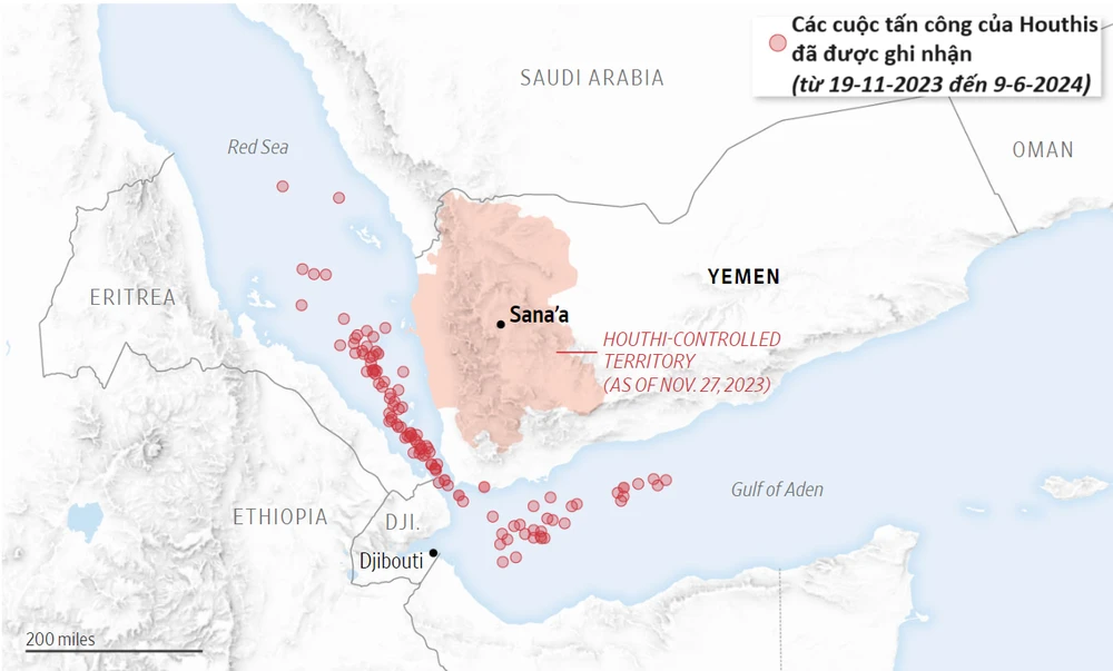 Gần đây, lực lượng Houthis tăng cường tấn công ở Biển Đỏ và sử dụng những vũ khí ngày càng hiện đại. Ảnh: THE WALL STREET JOURNAL