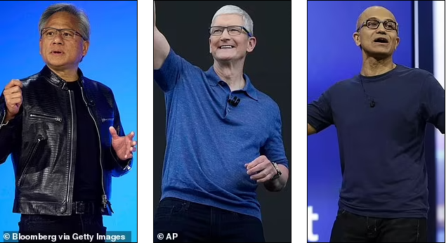 "Ông chủ" Nvidia - Jensen Huang, CEO Apple - Tim Cook và&nbsp;CEO Microsoft -&nbsp;Satya Nadella (từ trái sang).