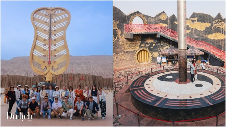 Bên trái là đoàn khách "check-in" cùng quạt Ba Tiêu. Bên phải là hình ảnh chiếc gậy Như Ý. Đây đều là những chiếc nhiệt kế khổng lồ được dựng nên để giúp du khách nắm bắt được nhiệt độ ngoài trời. Lúc này đang là 42 độ C. 