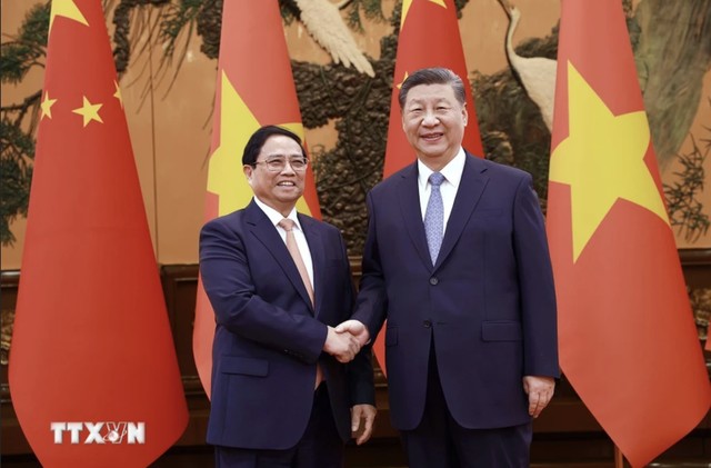 Thủ tướng Phạm Minh Chính hội kiến Tổng Bí thư, Chủ tịch Trung Quốc Tập Cận Bình. Ảnh: TTXVN