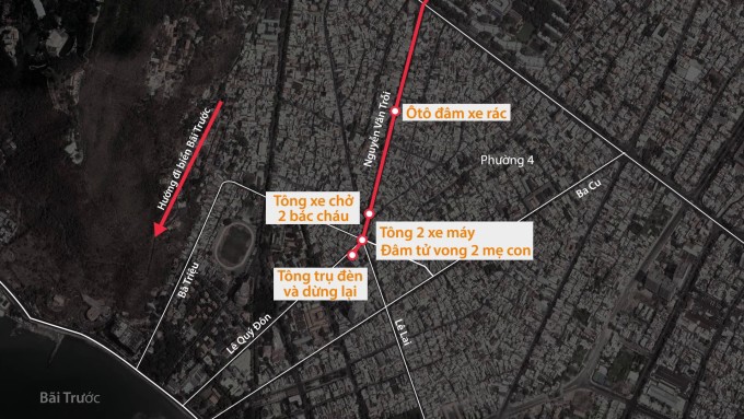 Ôtô gây ra chuỗi tai nạn liên hoàn trên quãng đường gần 500 m. Đồ họa: Đỗ Nam