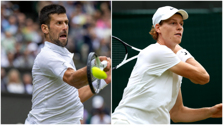 Djokovic (trái) để thua Sinner (phải) khi 2 tay vợt so tài 1 set trên sân Trung tâm Wimbledon