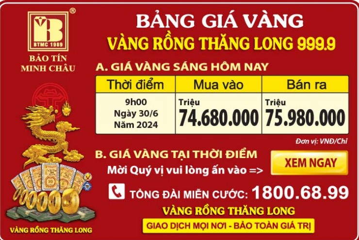 Giá Vàng Rồng Thăng Long- Bảo Tín Minh Châu ngày 30.06.2024