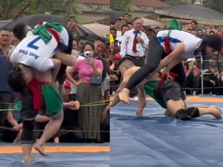 “Quỷ lùn“ Hồng Sơn vác hot girl Anh Thơ lên vai, chạy quanh sới vật Tây Tựu