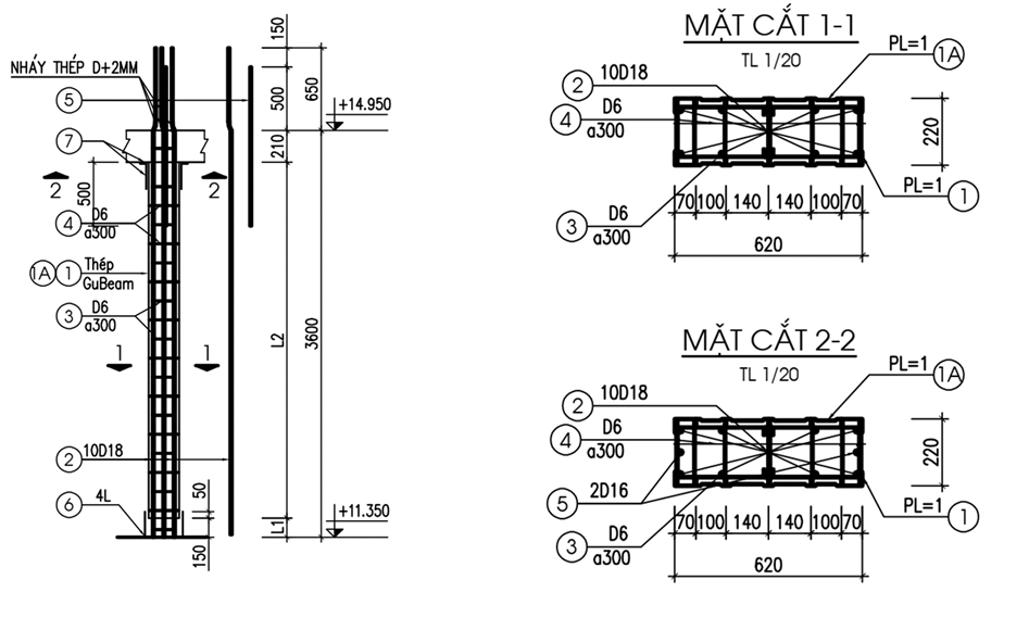 Thiết kế cột GuBeam tiết diện 22x76, công trình 8 tầng (hình minh họa 1).