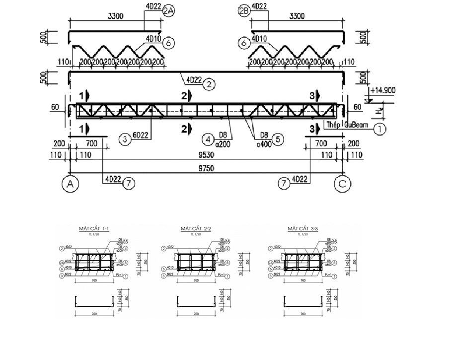 Thiết kế dầm GuBeam tiết diện 76x35, vượt nhịp 9,75m (hình minh họa 2).