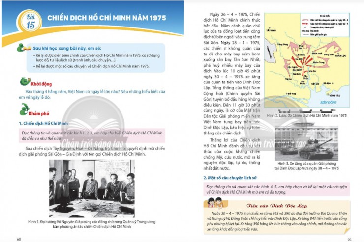 Bài 15 có tên Chiến dịch Hồ Chí Minh năm 1975 trong SGK Lịch sử - Địa lý 5 (bộ sách Chân trời sáng tạo). Ảnh: Chụp từ bản điện tử SGK Lịch sử - Địa lý 5&nbsp;
