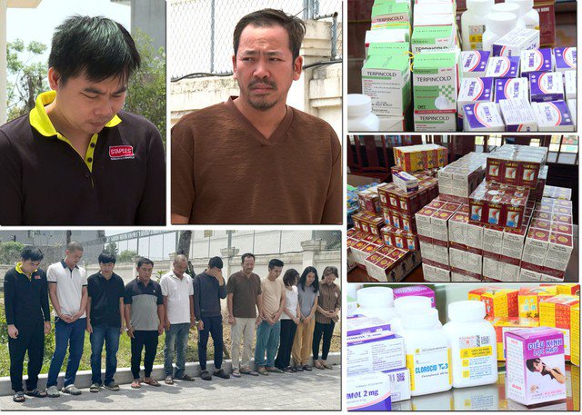 Các đối tượng cùng tang vật vụ án.