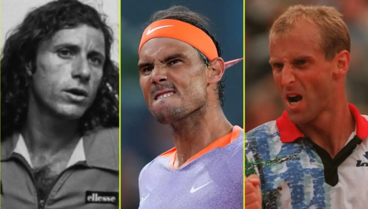 Nadal (giữa) có 484 thắng lợi trên sân đất nện, chỉ đứng thứ ba trong danh sách các tay vợt có nhiều chiến thắng nhất