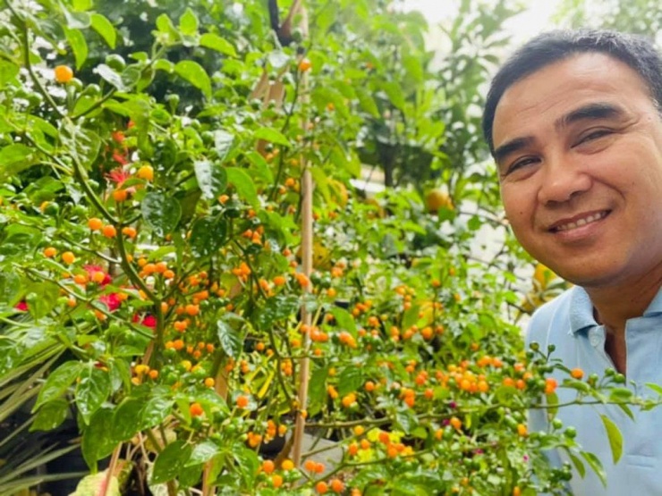 Biết được sở thích của chồng, doanh nhân Dạ Thảo trồng nhiều cây trái, hoa trên sân thượng và xung quanh nhà để ông xã có nơi thư giãn sau những giờ làm việc, ghi hình bận rộn.