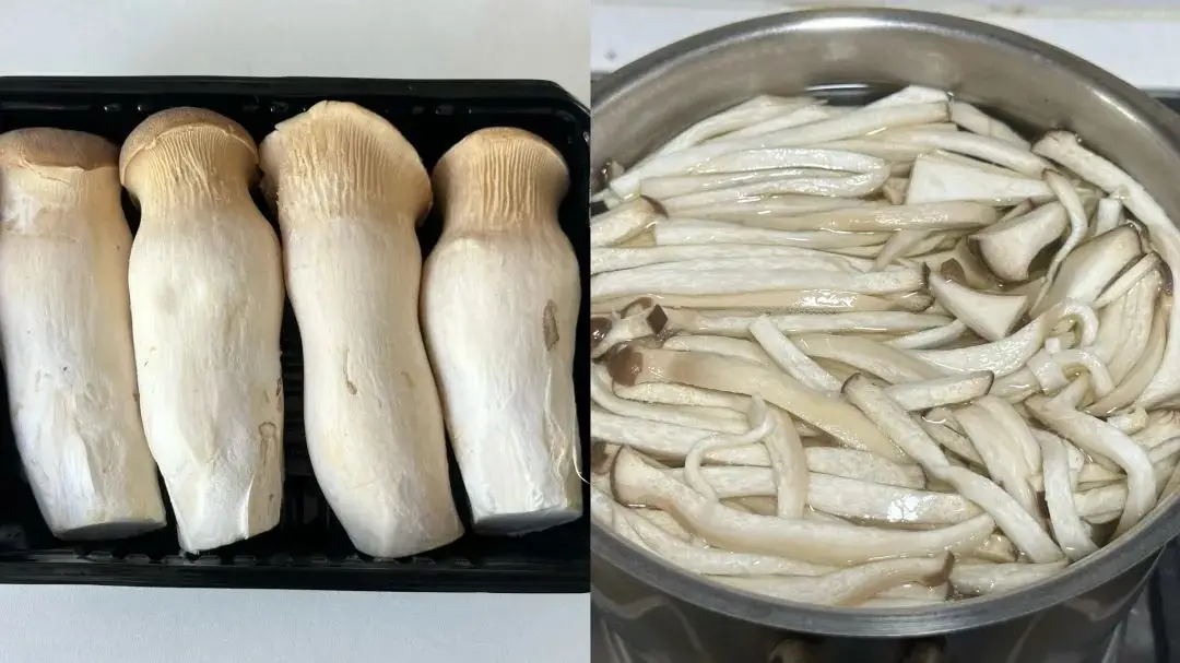 Nấm đùi gà rửa sạch, thái sợi, trụng sơ với nước sôi rồi để ráo.