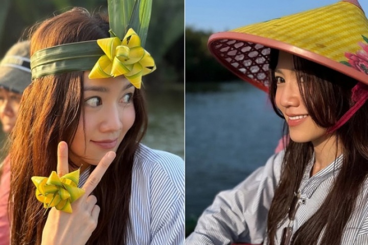 'Thiên thần nội y' Châu Tú Na ngồi thuyền thúng ở Hội An