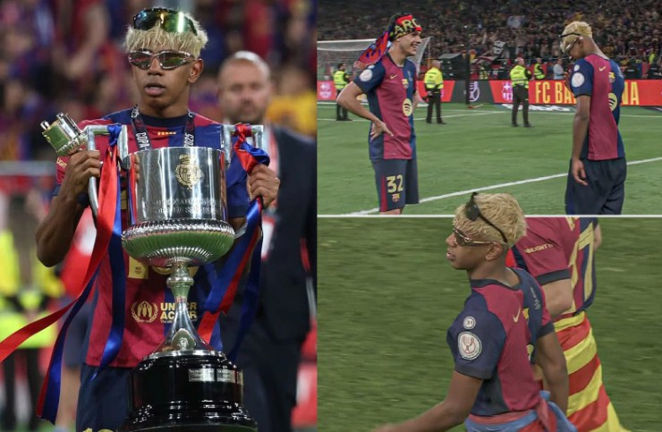 Yamal đeo kính râm trong buổi lễ ăn mừng danh hiệu cúp Nhà vua của Barcelona