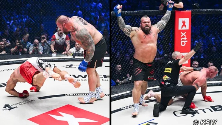 "Quái thú"&nbsp;Hall với lợi thế thể hình, sức trẻ đánh bại kinh nghiệm của&nbsp;Pudzianowski sau 30 giây