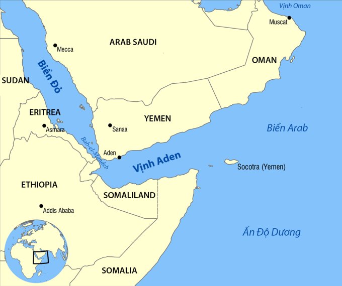 Vị trí Yemen và các vùng biển lân cận. Đồ họa: Wikimedia