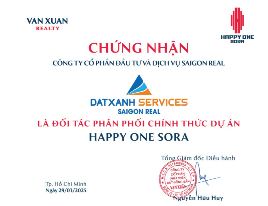 Bằng chứng nhận đối tác phân phối chính thức dự án Happy One Sora