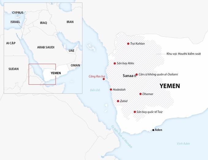 Khu vực Houthi kiểm soát tại Yemen. Đồ họa: AFP