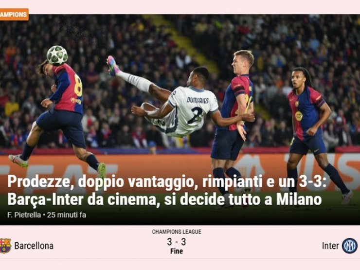Cơn “mưa bàn thắng“ trận Barca - Inter khiến báo chí quốc tế trầm trồ