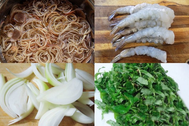 Chuẩn bị nguyên liệu cho món gỏi hoa chuối tôm thịt.