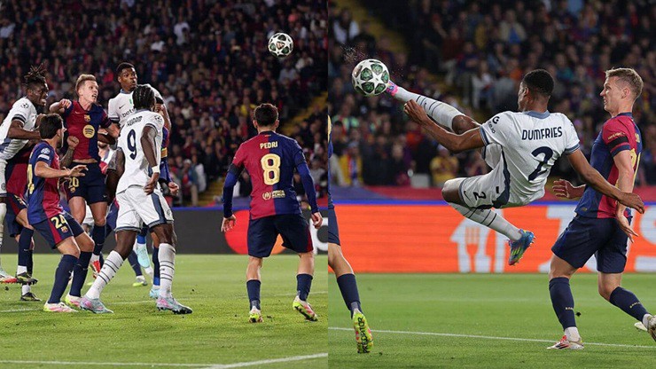 Ở lượt đi, Dumfries đã&nbsp;lập cú đúp vào lưới Barcelona đều từ 2 tình huống cố định