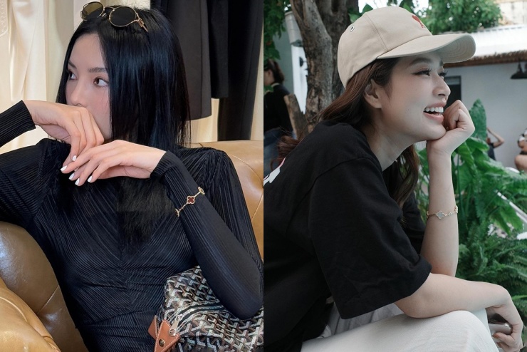 Kỳ Duyên thường xuyên đeo mẫu vòng tay của Van Cleef &amp; Arpels có tông màu đỏ nổi bật, trong khi đó Hoa hậu Hòa bình Việt Nam 2022 ưu ái chiếc vòng tương tự màu trắng.