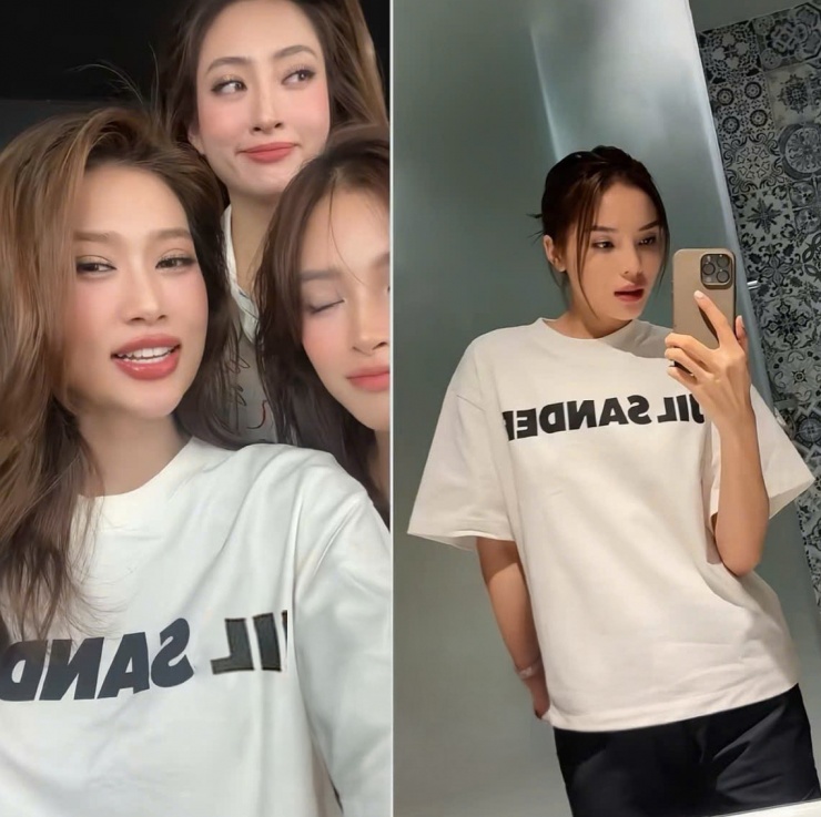 Tin đồn hẹn hò càng được chia sẻ rộng rãi khi bộ đôi hoa hậu cùng mặc một mẫu áo phông trắng của Jil Sander.