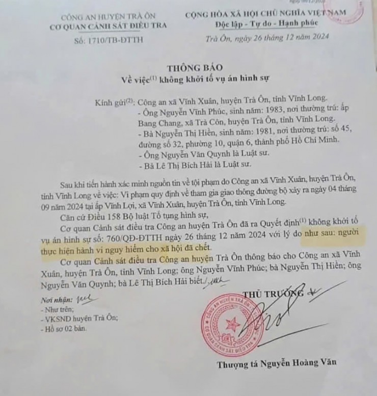 Thông báo về việc không khởi tố vụ án hình sự. Ảnh: Gia đình cung cấp