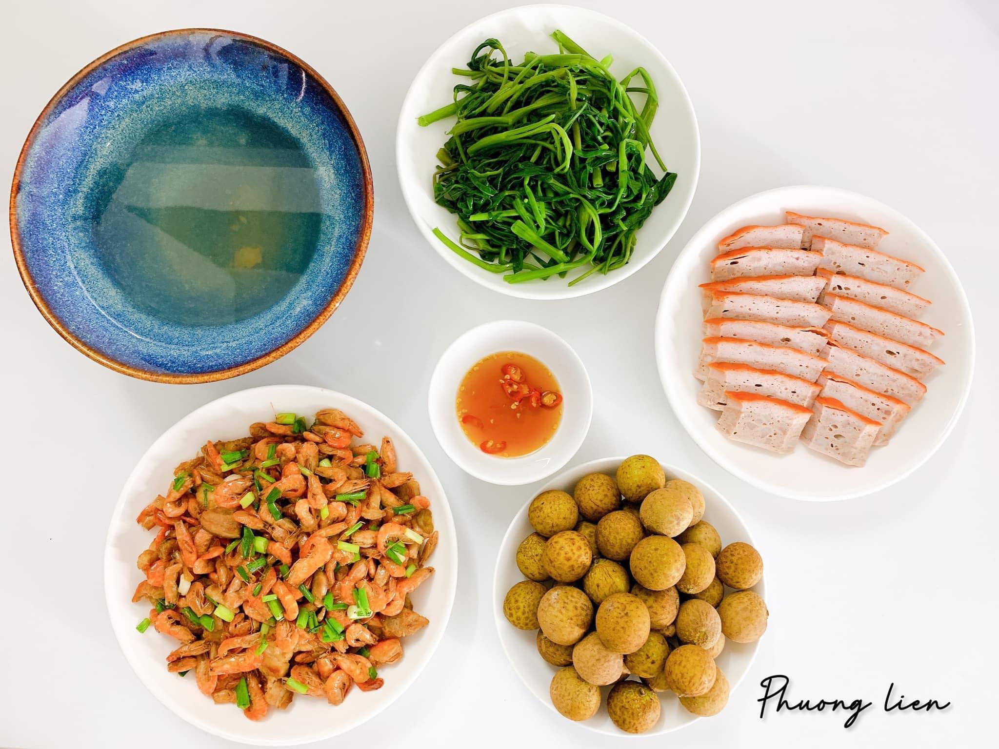 Tôm rang thịt - Chả quế - Rau muống luộc