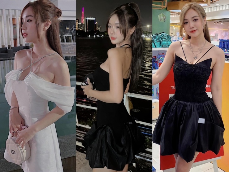 Đầm dây kiểu dáng trễ vai hoặc bồng xòe nằm trong lựa chọn yêu thích của Cindy.