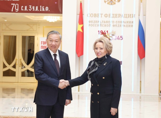 Tổng Bí thư Tô Lâm hội kiến Chủ tịch Hội đồng Liên bang Nga Valentina Matviyenko. Ảnh: TTXVN
