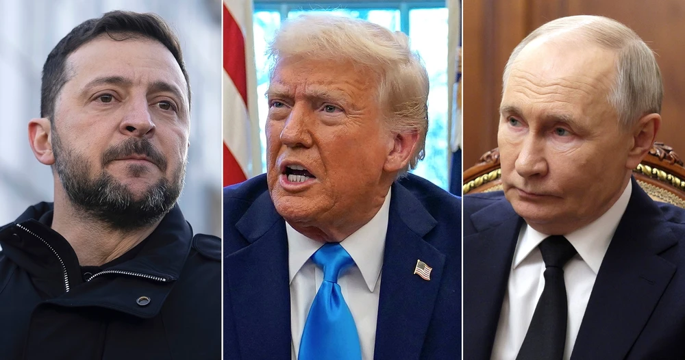 (từ trái sang) Tổng thống Ukraine Volodymyr Zelensky, Tổng thống Mỹ Donald Trump và Tổng thống Nga Vladimir Putin. Ảnh: ABC NEWS