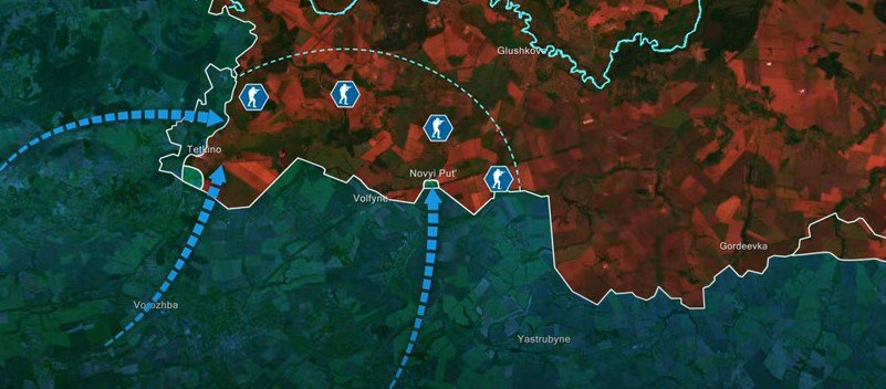 Vòng cung màu xanh biểu thị mục tiêu Ukraine muốn kiểm soát trong lãnh thổ Nga ở Kursk nhưng chưa thành công.
