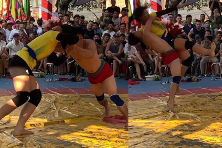 Hot girl Anh Thơ so tài đô vật trai làng, 2 lần bị đối thủ bế bổng